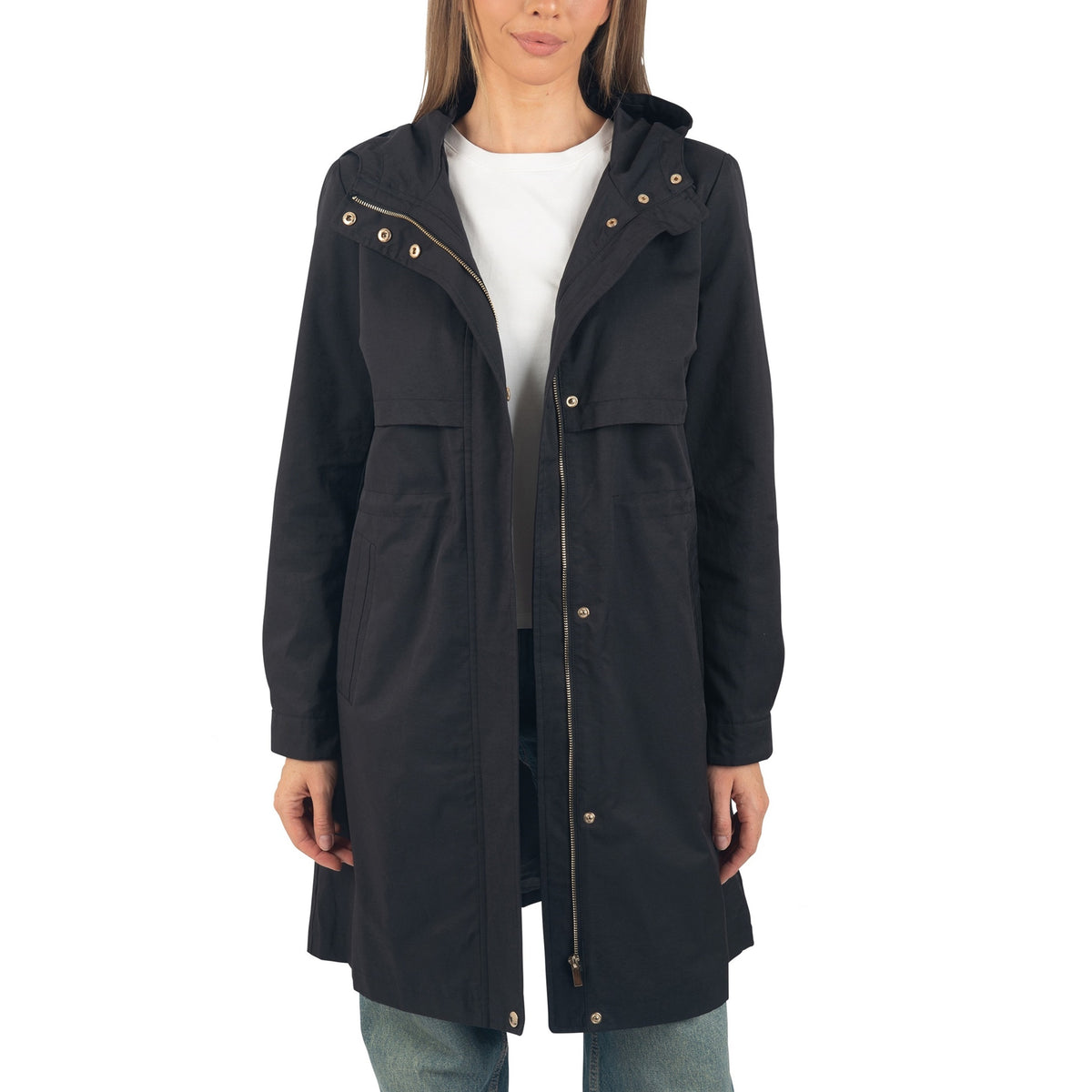 Alpine Swiss Womens Hooded Rain Jacket Long Raincoat Trench Coat Windbreaker – Black