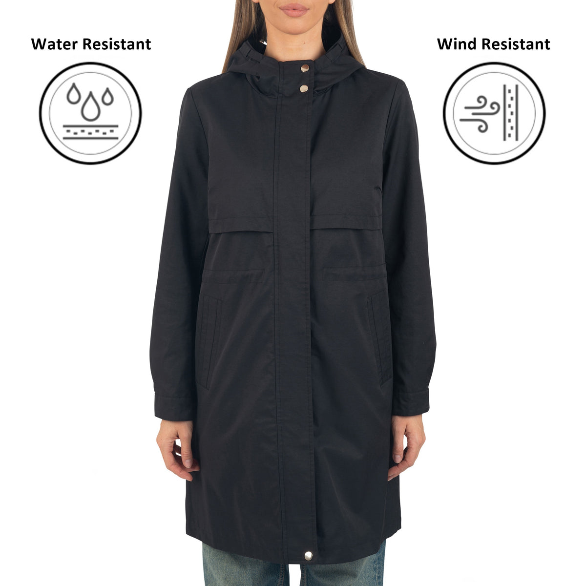 Alpine Swiss Womens Hooded Rain Jacket Long Raincoat Trench Coat Windbreaker – Black
