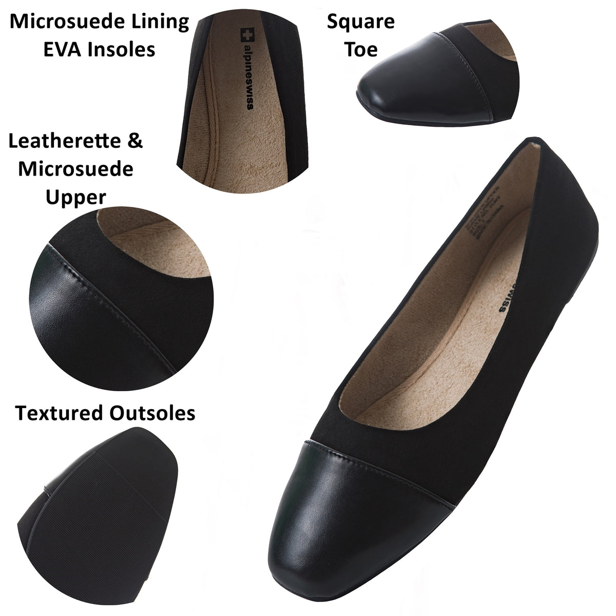 Alpine Swiss Tory Womens Square Toe Ballet Flats Cap Toe Slip On Comfort Shoes – Black