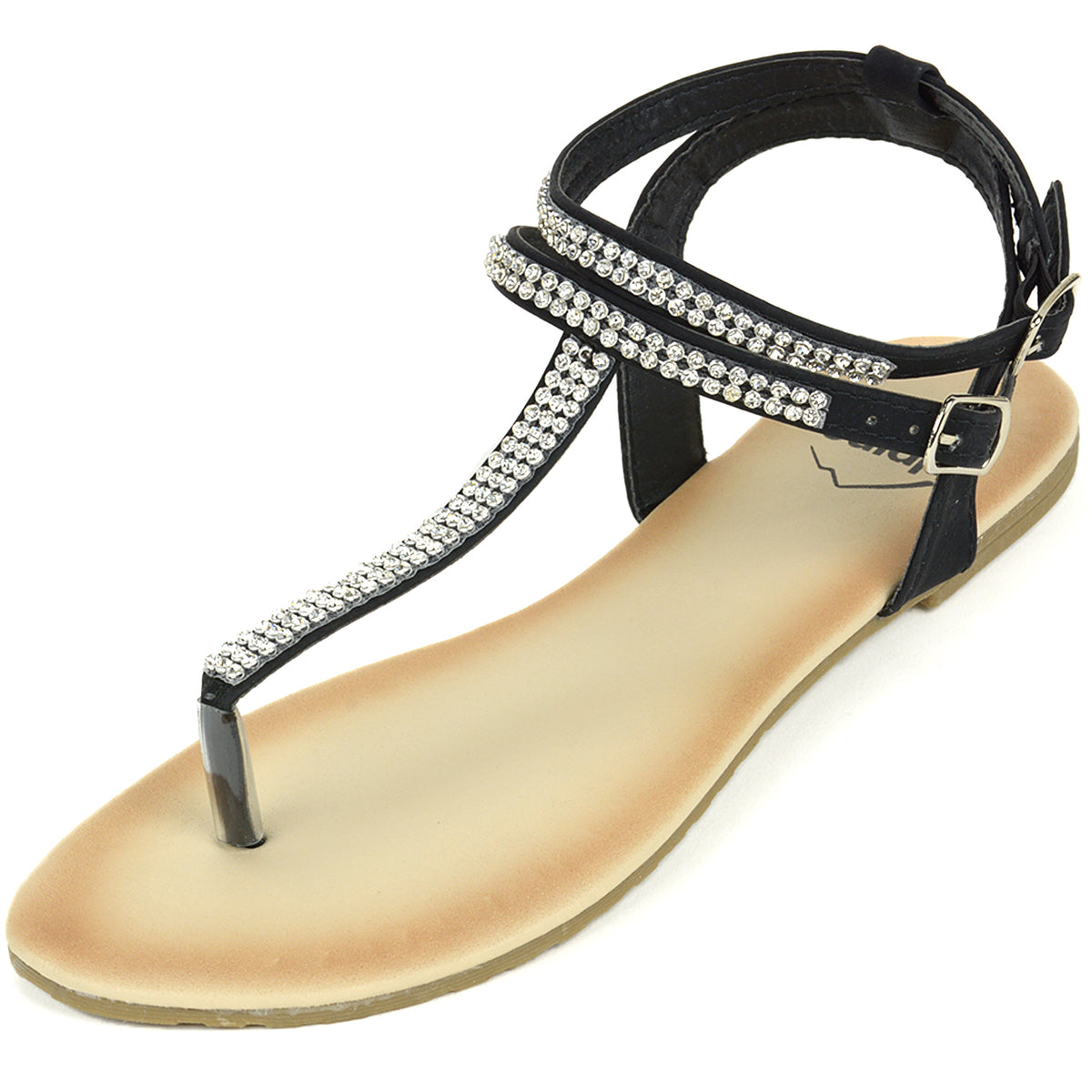 Alpine Swiss Womens Rhinestone T-Strap Sandals Ankle Strap Flat Summer Shoes – Black