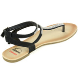 Alpine Swiss Womens Rhinestone T-Strap Sandals Ankle Strap Flat Summer Shoes – Black