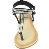 Alpine Swiss Womens Rhinestone T-Strap Sandals Ankle Strap Flat Summer Shoes – Black
