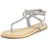 Alpine Swiss Womens Rhinestone T-Strap Sandals Ankle Strap Flat Summer Shoes – Gray