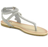 Alpine Swiss Womens Rhinestone T-Strap Sandals Ankle Strap Flat Summer Shoes – Gray