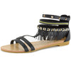 Alpine Swiss Womens Fringe Sandals Beaded & Studded Strappy Gladiator Ankle Flat – Black