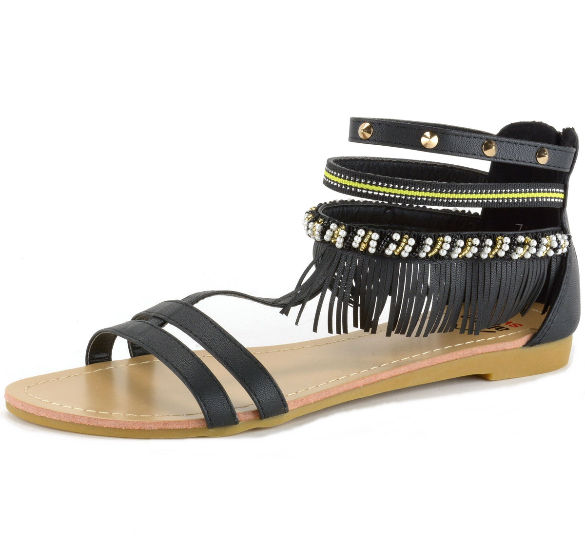 Alpine Swiss Womens Fringe Sandals Beaded & Studded Strappy Gladiator Ankle Flat – Black