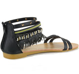 Alpine Swiss Womens Fringe Sandals Beaded & Studded Strappy Gladiator Ankle Flat – Black