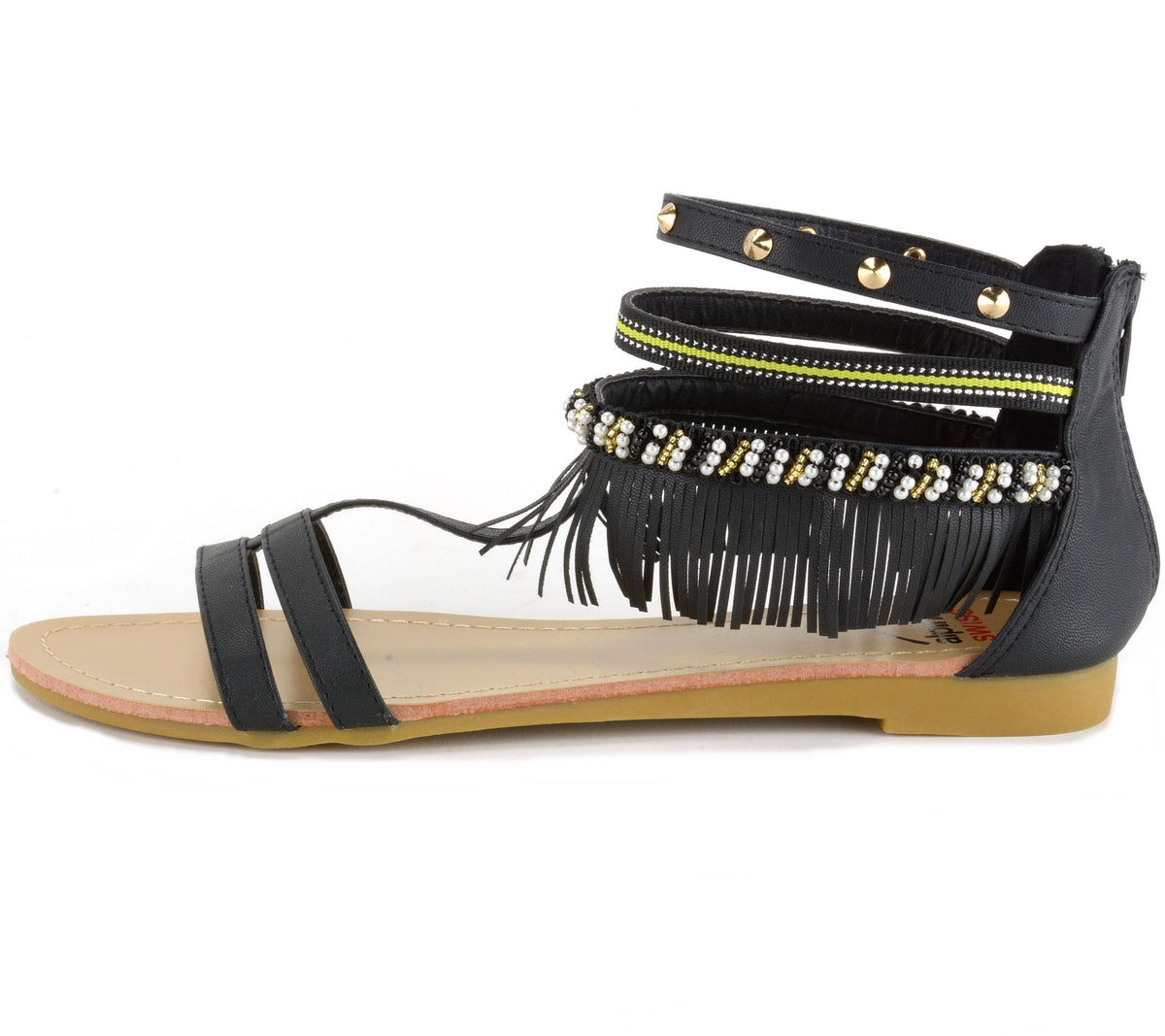 Alpine Swiss Womens Fringe Sandals Beaded & Studded Strappy Gladiator Ankle Flat – Black