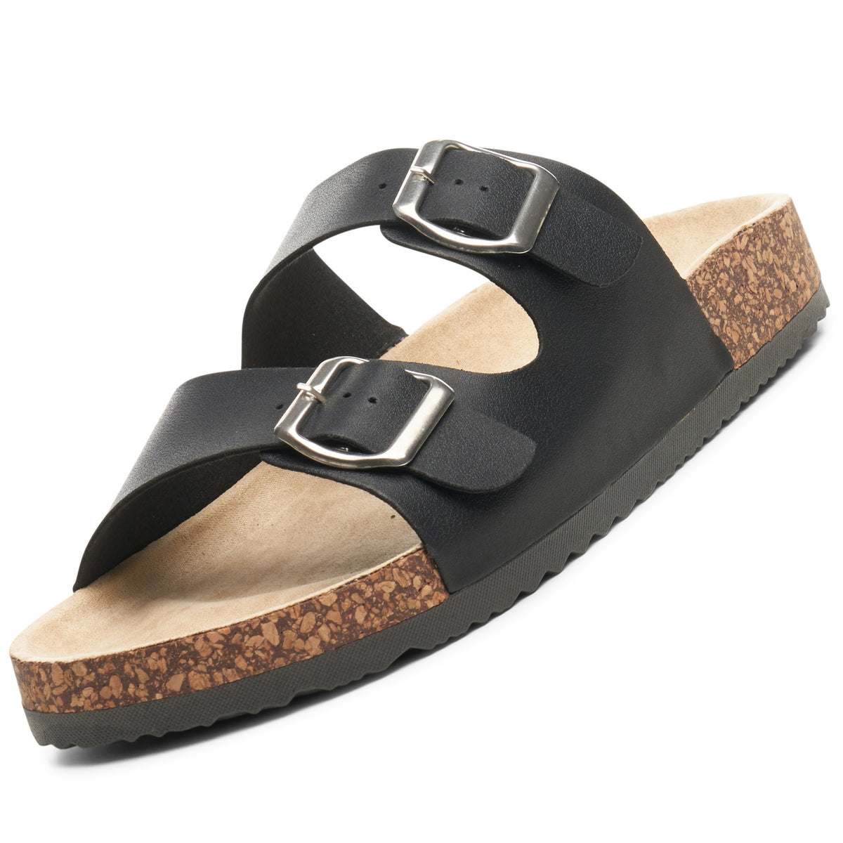 Alpine Swiss Womens Double Strap Contour Sandals Slip on Buckle Slides Vegan Leather – Black