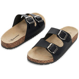Alpine Swiss Womens Double Strap Contour Sandals Slip on Buckle Slides Vegan Leather – Black