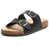 Alpine Swiss Womens Double Strap Contour Sandals Slip on Buckle Slides Vegan Leather – Black