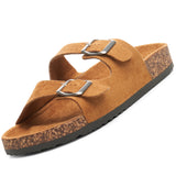 Alpine Swiss Womens Double Strap Contour Sandals Slip on Buckle Slides Vegan Leather – Microsuede Tan