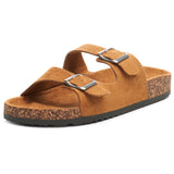 Alpine Swiss Womens Double Strap Contour Sandals Slip on Buckle Slides Vegan Leather – Microsuede Tan