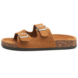 Alpine Swiss Womens Double Strap Contour Sandals Slip on Buckle Slides Vegan Leather – Microsuede Tan