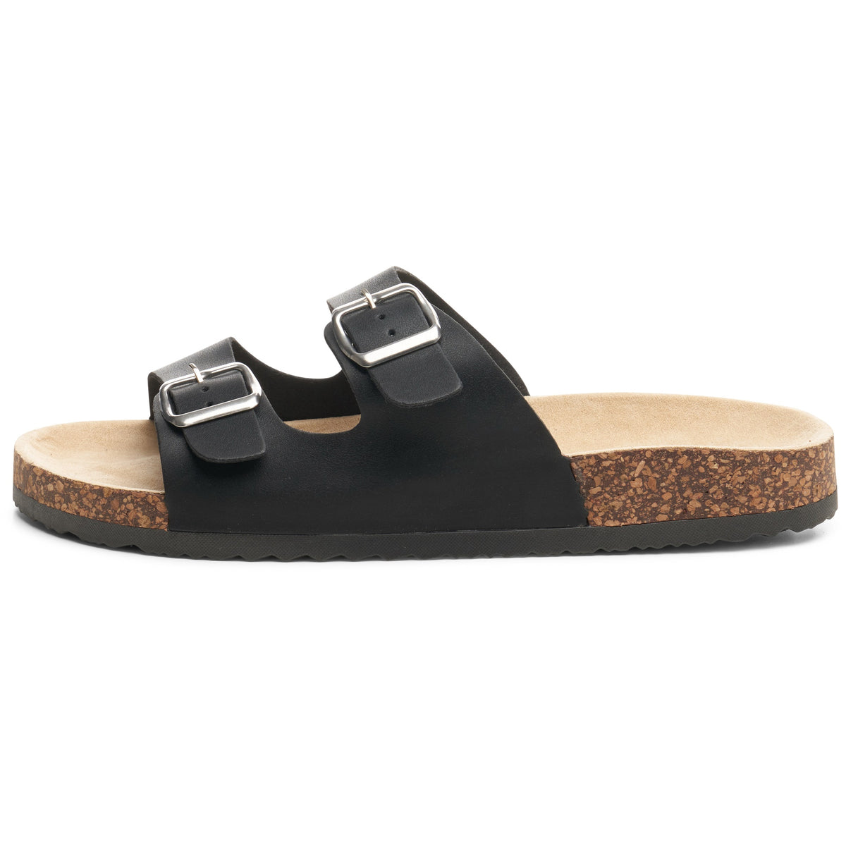 Alpine Swiss Mens Double Strap Contour Sandals Slip on Buckle Slides Vegan Leather – Black