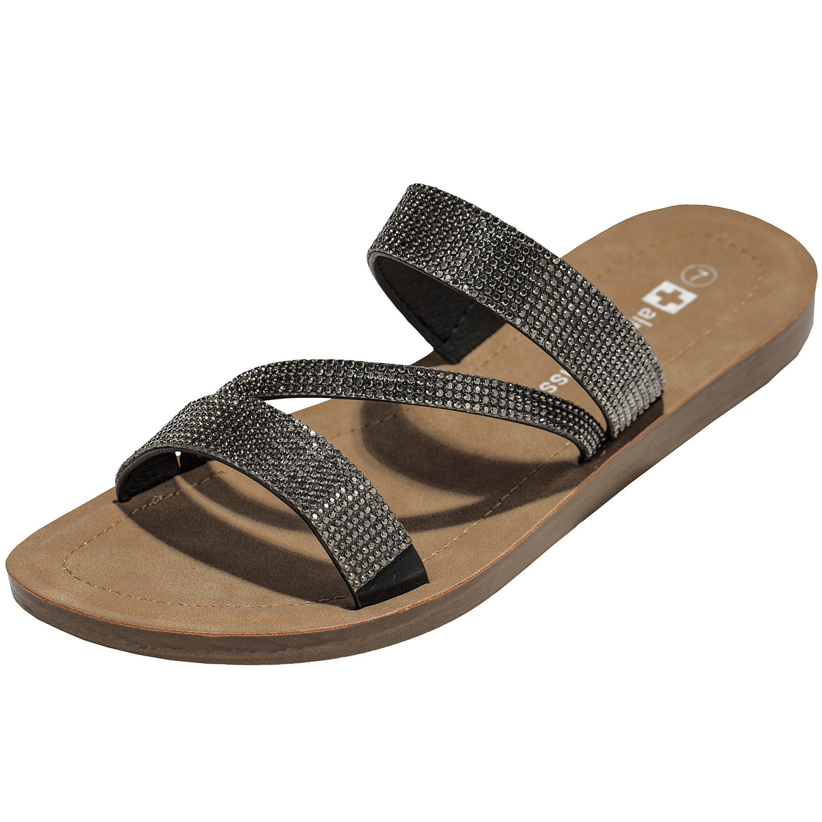 Alpine Swiss Womens Rhinestone Slide Sandals Dressy Summer Strappy Flat Shoes – Black