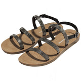 Alpine Swiss Womens Strappy Rhinestone Sandals Gladiator Ankle Strap Flat Shoes – Black