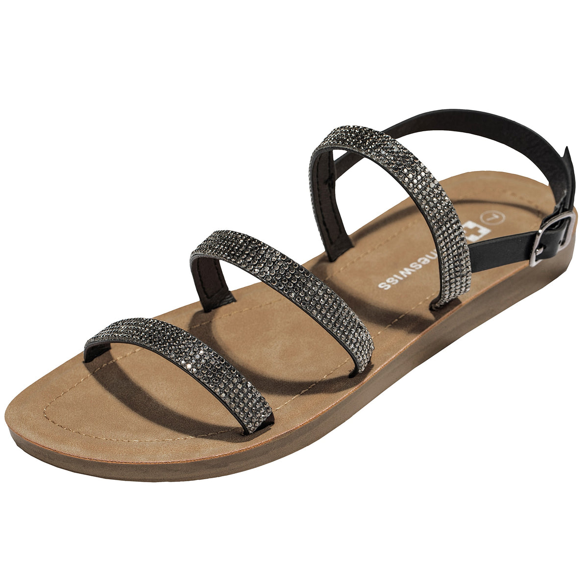 Alpine Swiss Womens Strappy Rhinestone Sandals Gladiator Ankle Strap Flat Shoes – Black