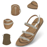 Alpine Swiss Womens Strappy Rhinestone Sandals Gladiator Ankle Strap Flat Shoes – Silver