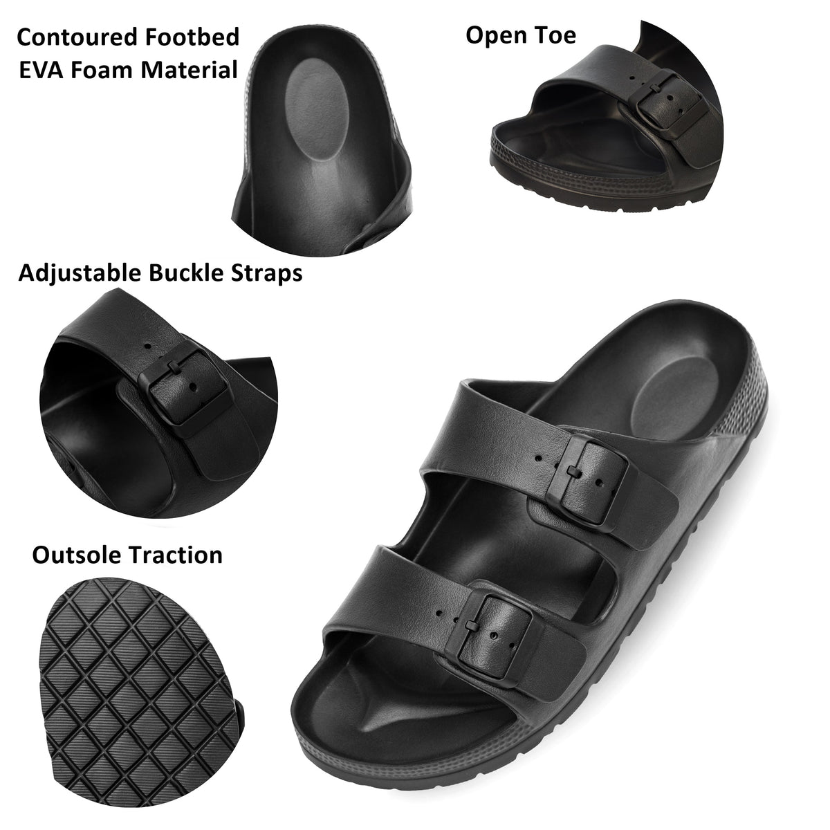 Alpine Swiss Mens Double Strap EVA Slide Sandals Sole Flat Casual Comfort Shoes – Black