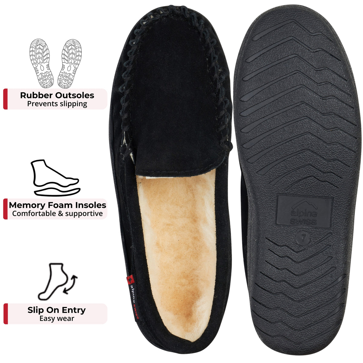 Alpine Swiss Mens Moccasin Slippers Genuine Suede House Shoe Memory Foam Insole – Black