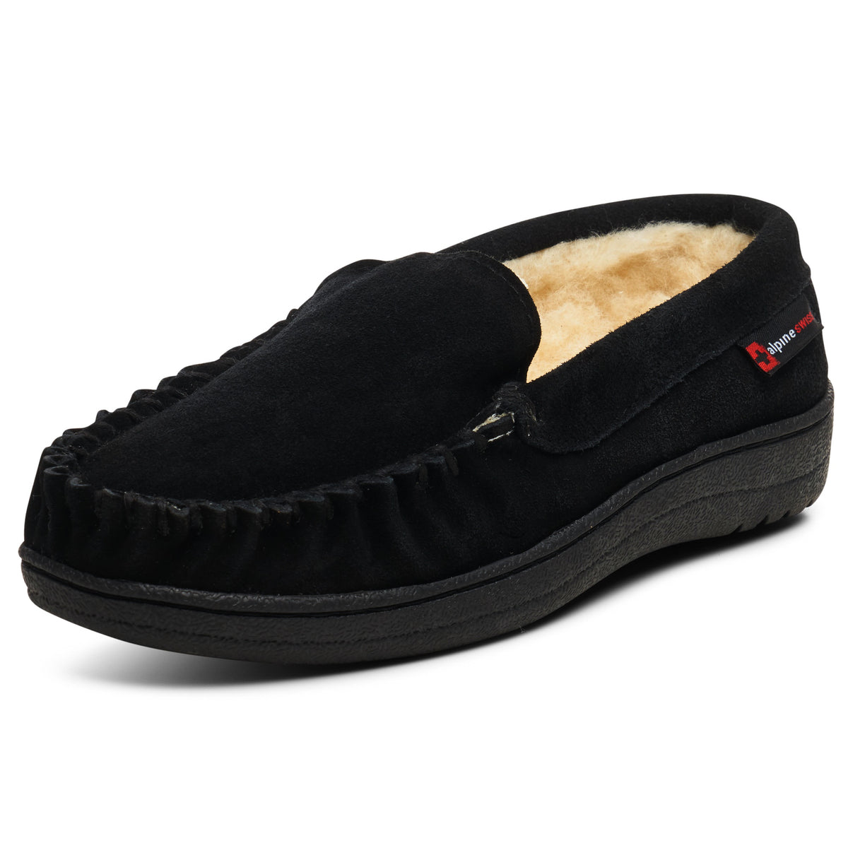 Alpine Swiss Mens Moccasin Slippers Genuine Suede House Shoe Memory Foam Insole – Black