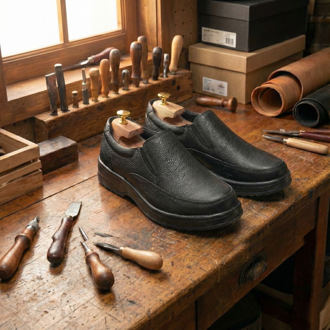 Black leather shoes with wooden shoe trees on a workbench in a cobbler’s workshop.
