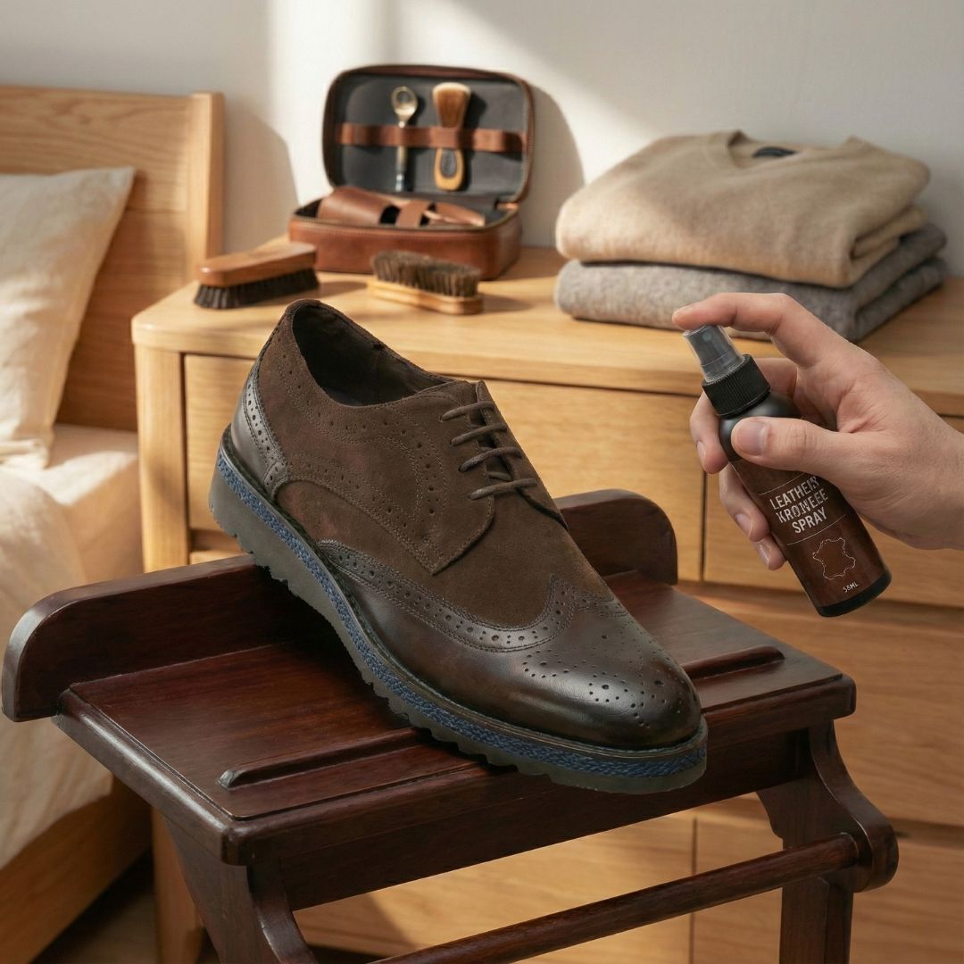 Brown leather and suede brogue shoe being treated with a leather care spray.