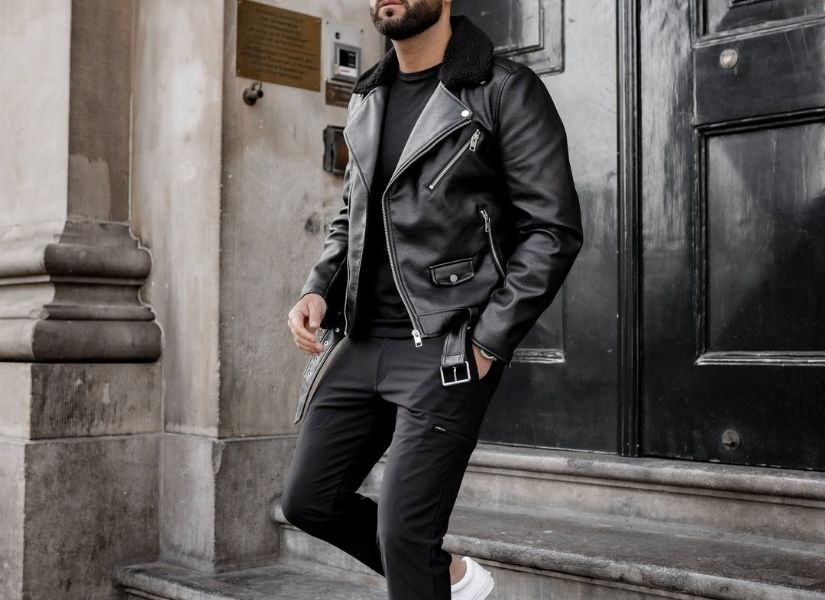 man wearing a leather jacket in winter