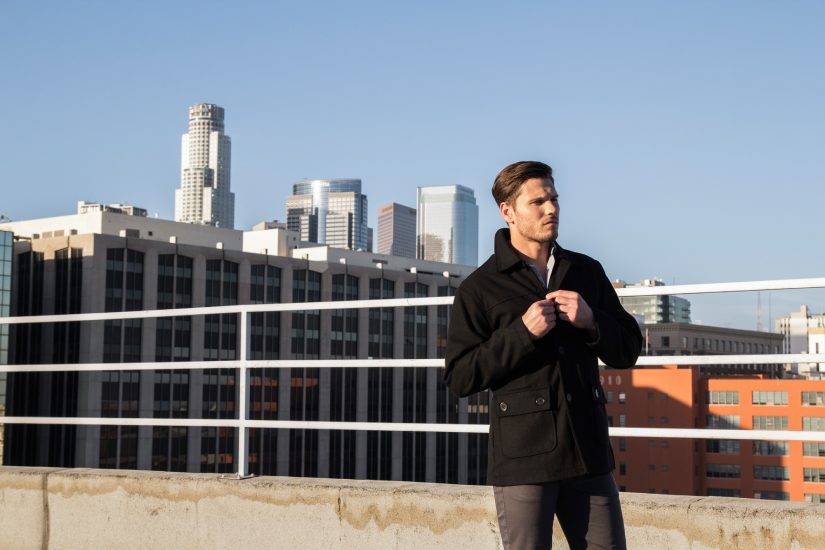 man wearing a winter wool overcoat