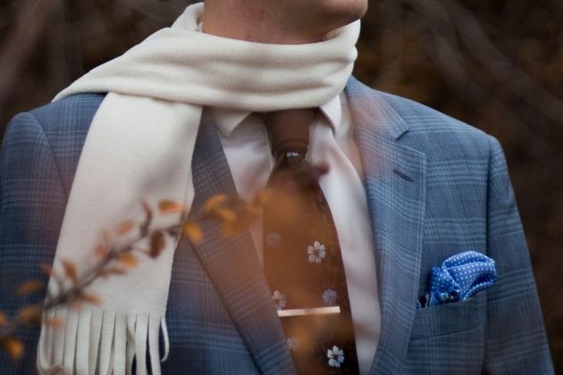 A men's scarf, i.e. a long silk scarf, is a versatile accessory